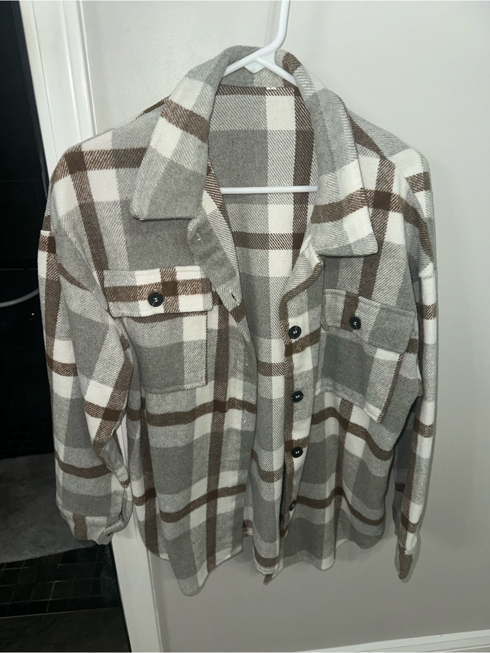 SHEIN Cream, Gray & Brown Plaid Lightweight Shacket